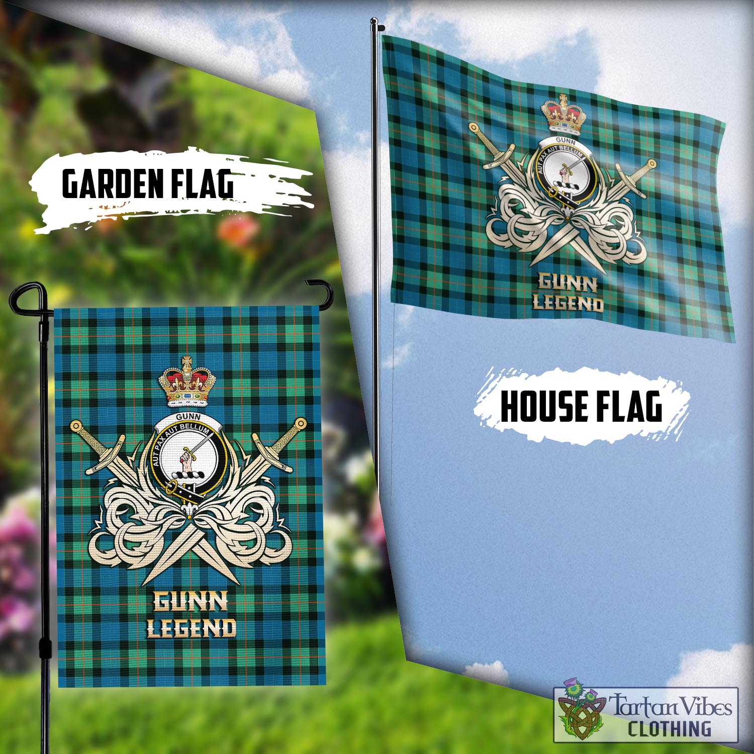 Tartan Vibes Clothing Gunn Ancient Tartan Flag with Clan Crest and the Golden Sword of Courageous Legacy