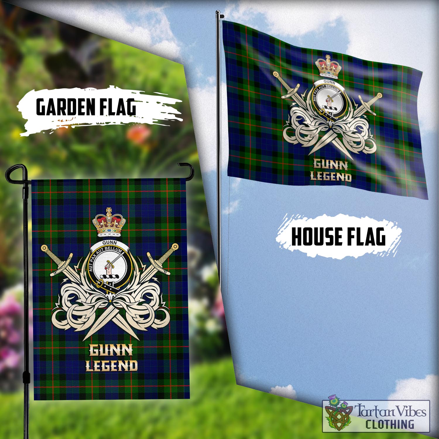 Tartan Vibes Clothing Gunn Modern Tartan Flag with Clan Crest and the Golden Sword of Courageous Legacy