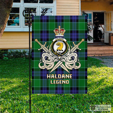 Haldane Tartan Garden Flag with Clan Crest and the Golden Sword of Courageous Legacy