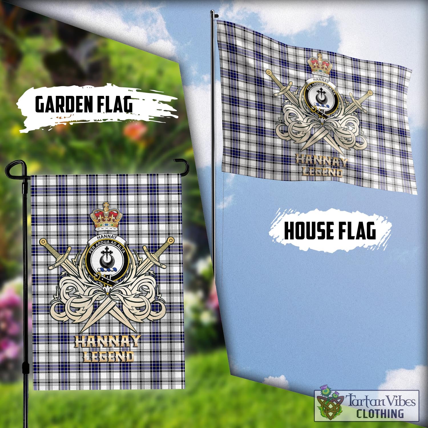Tartan Vibes Clothing Hannay Modern Tartan Flag with Clan Crest and the Golden Sword of Courageous Legacy