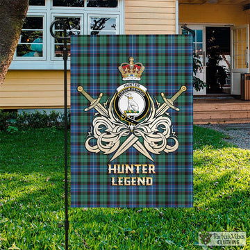 Hunter Ancient Tartan Flag with Clan Crest and the Golden Sword of Courageous Legacy