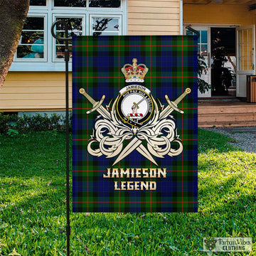 jamieson-tartan-flag-with-clan-crest-and-the-golden-sword-of-courageous-legacy