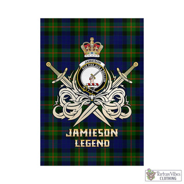 jamieson-tartan-flag-with-clan-crest-and-the-golden-sword-of-courageous-legacy