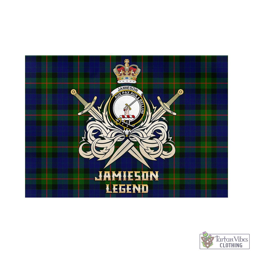 jamieson-tartan-flag-with-clan-crest-and-the-golden-sword-of-courageous-legacy
