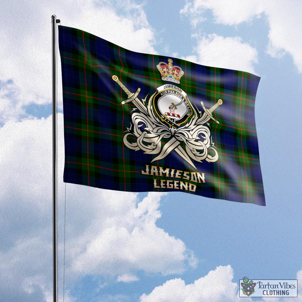jamieson-tartan-flag-with-clan-crest-and-the-golden-sword-of-courageous-legacy