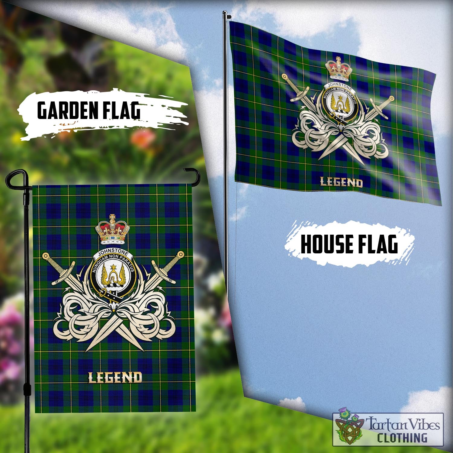 Tartan Vibes Clothing Johnstone-Johnston Modern Tartan Flag with Clan Crest and the Golden Sword of Courageous Legacy