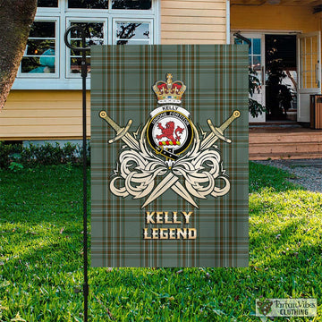 Kelly Tartan Garden Flag with Clan Crest and the Golden Sword of Courageous Legacy