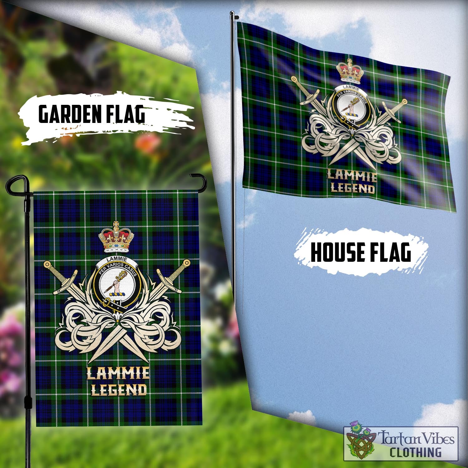 Tartan Vibes Clothing Lammie Tartan Flag with Clan Crest and the Golden Sword of Courageous Legacy