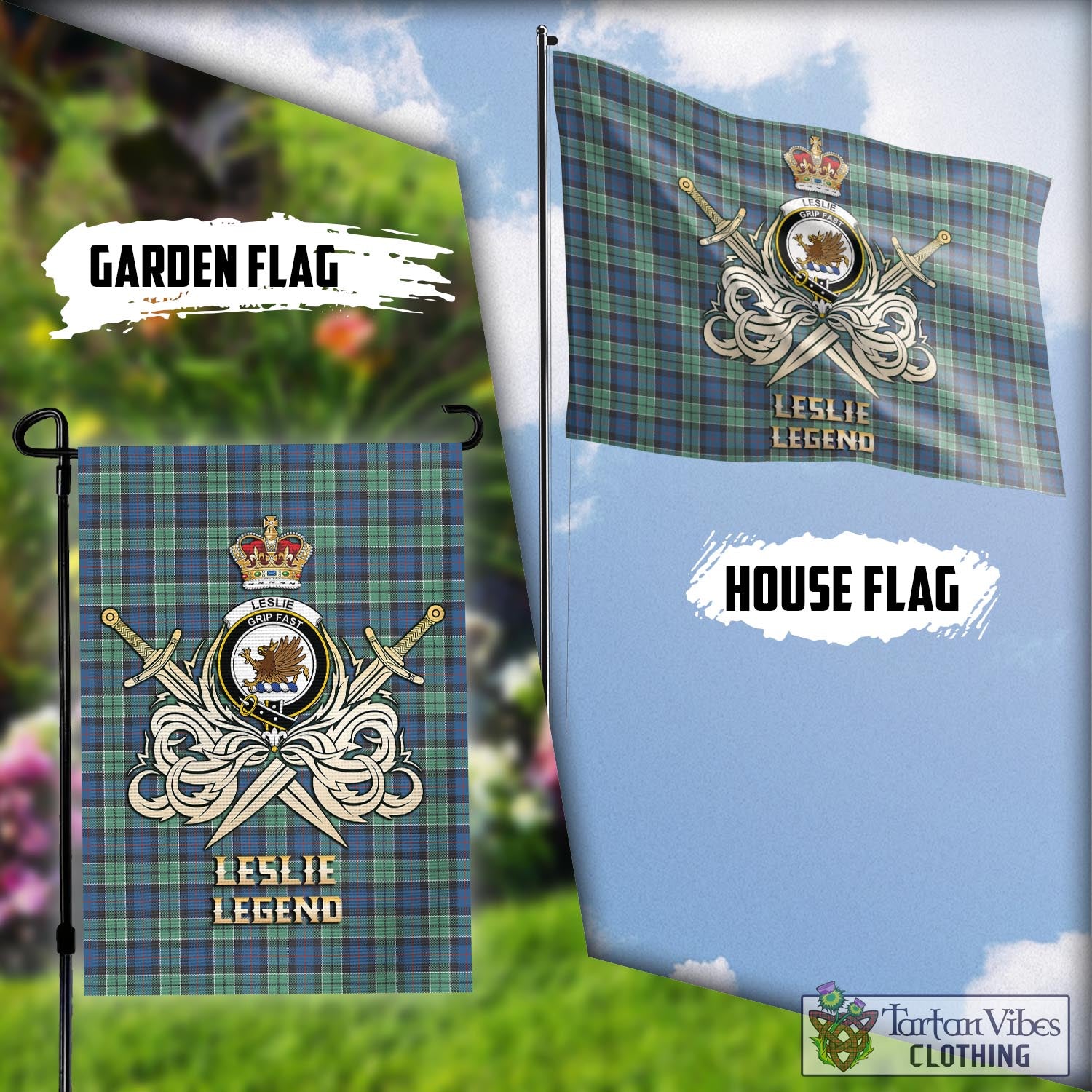 Tartan Vibes Clothing Leslie Hunting Ancient Tartan Flag with Clan Crest and the Golden Sword of Courageous Legacy