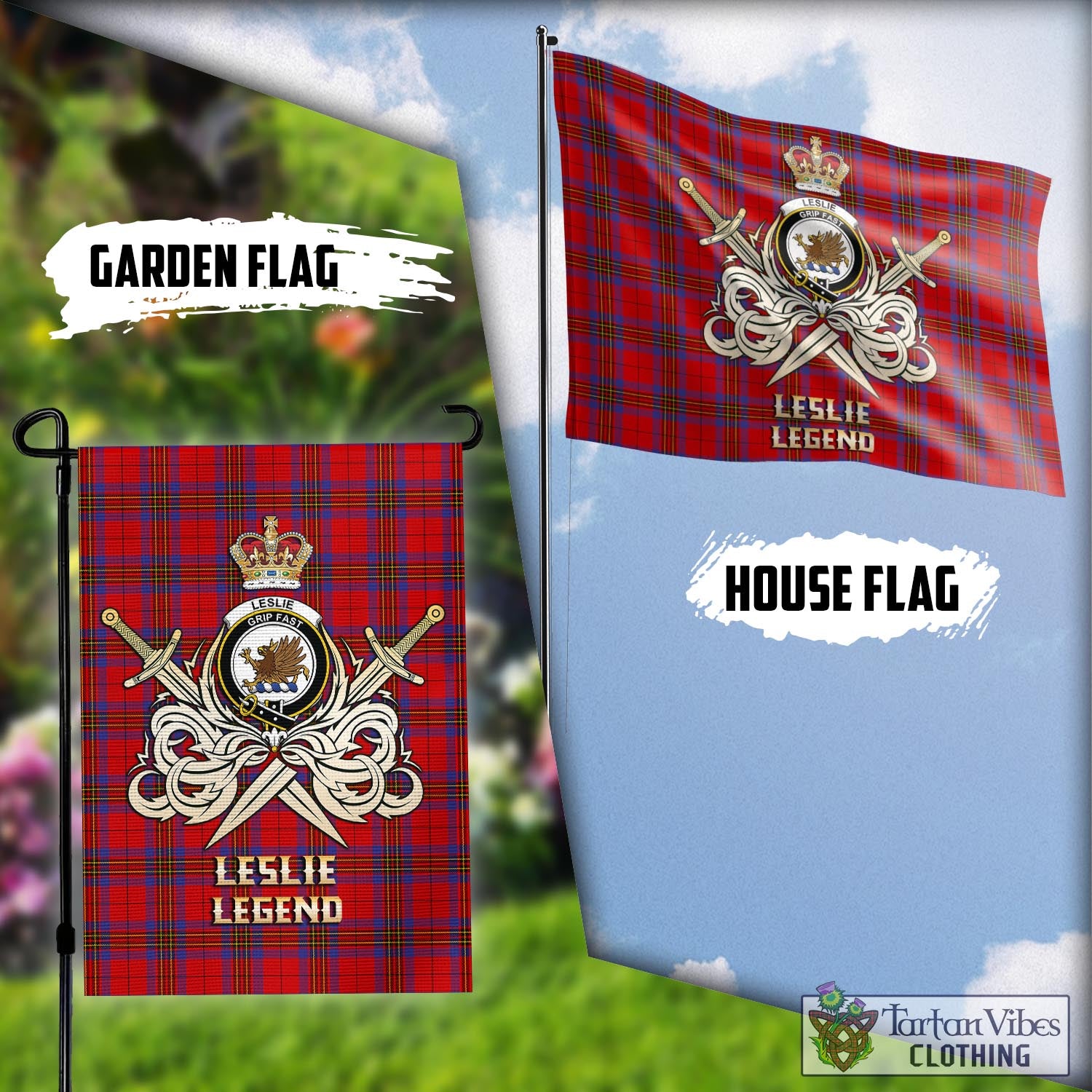 Tartan Vibes Clothing Leslie Modern Tartan Flag with Clan Crest and the Golden Sword of Courageous Legacy