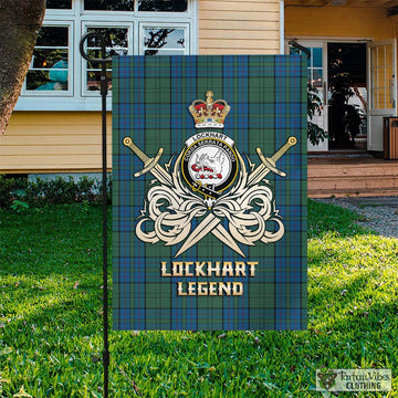 Lockhart Tartan Garden Flag with Clan Crest and the Golden Sword of Courageous Legacy