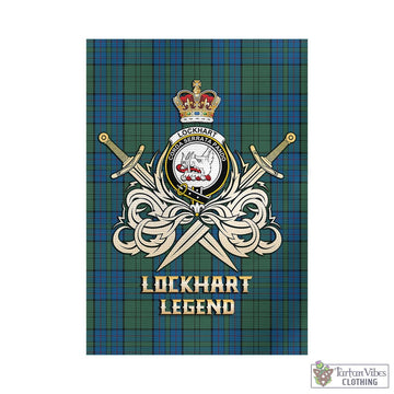 Lockhart Tartan Garden Flag with Clan Crest and the Golden Sword of Courageous Legacy