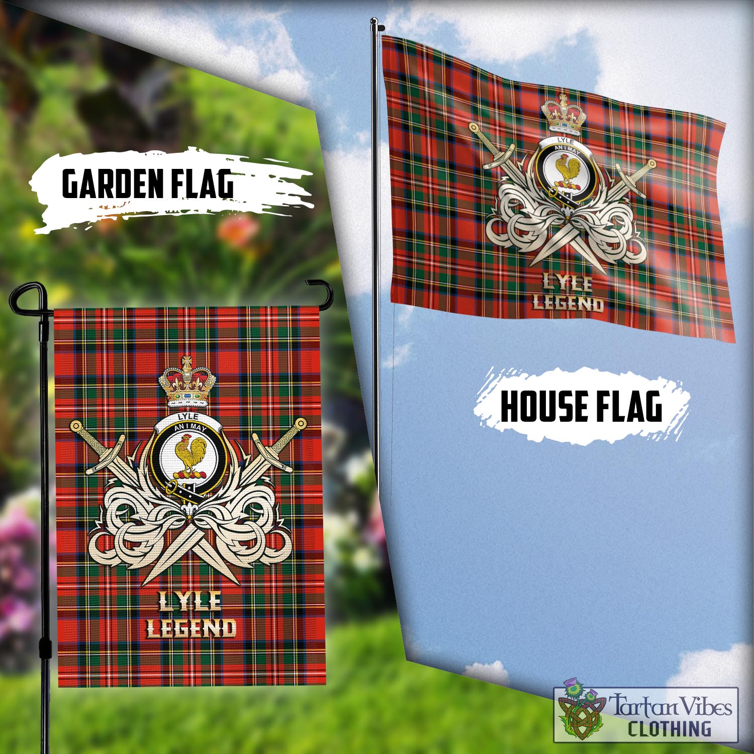 Tartan Vibes Clothing Lyle Tartan Flag with Clan Crest and the Golden Sword of Courageous Legacy