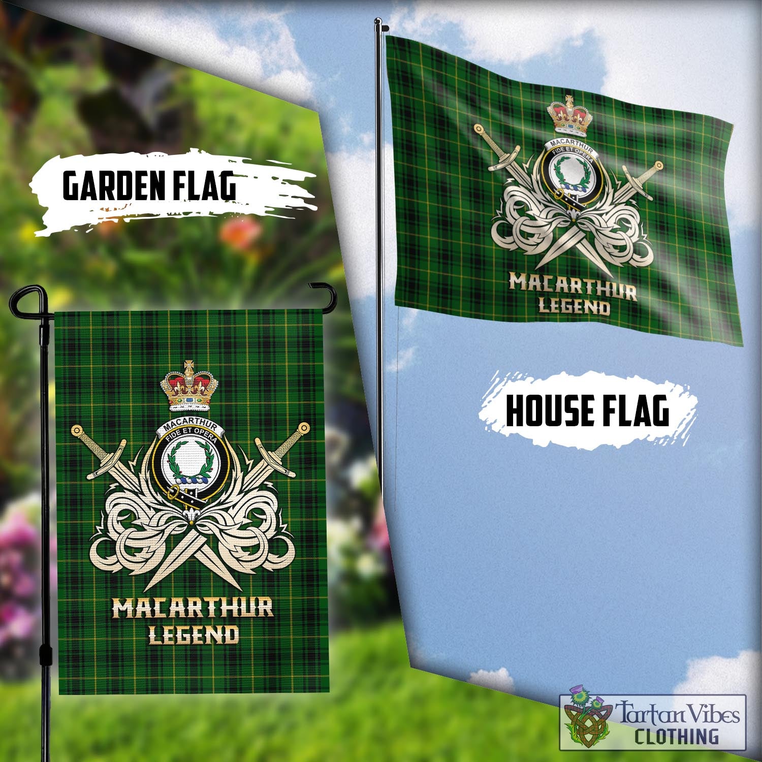 Tartan Vibes Clothing MacArthur Tartan Flag with Clan Crest and the Golden Sword of Courageous Legacy